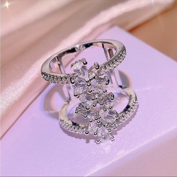 New 925 Silver Flower BlingBling Geometric Ladies Party Birthday Diamond Ring - Picture 3 of 5